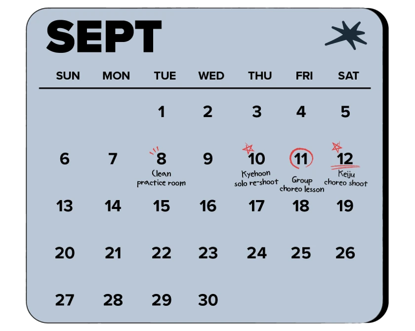 Calendar - September 2026. 9/8 studio cleaning, 9/10 Kyehoon solo re-shoot, 9/11 group choreography lesson, 9/12 Keiju choreography shoot