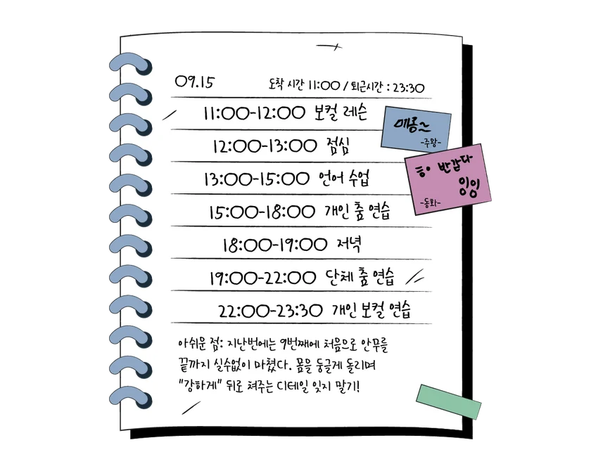 연습 일지 - 09.15 시간표와 메모: 지난번에는 9번째에 처음으로 안무를 끝까지 실수없이 마쳤다. 몸을 둥글게 돌리며 "강하게" 뒤로 쳐주는 디테일 잊지 말기!