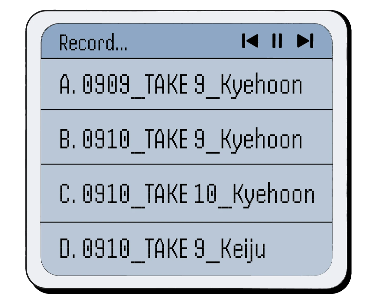 Video file list - A. 0909_TAKE 9_Kyehoon, B. 0910_TAKE 9_Kyehoon, C. 0910_TAKE 10_Kyehoon, D. 0910_TAKE 9_Keiju