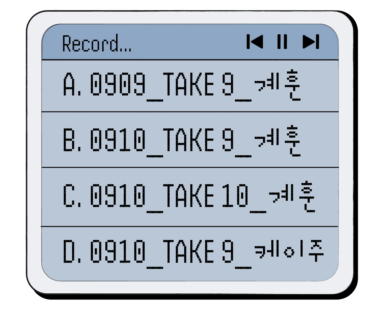 영상 파일 목록 - A. 0909_TAKE 9_계훈, B. 0910_TAKE 9_계훈, C. 0910_TAKE 10_계훈, D. 0910_TAKE 9_케이주